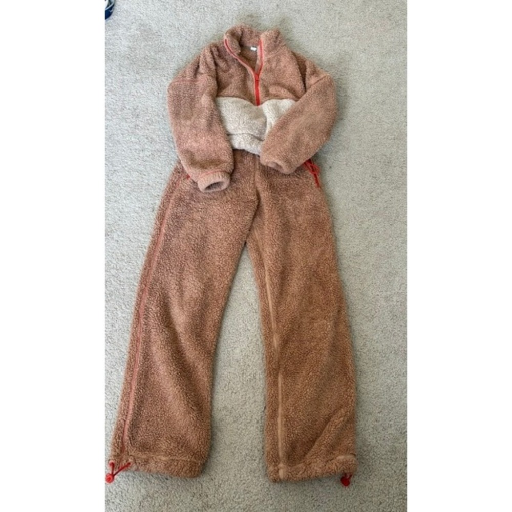 Parade Sherpa Fleece Lounge Set Womens XS Brown Tan Quarter Zip Pullover Joggers